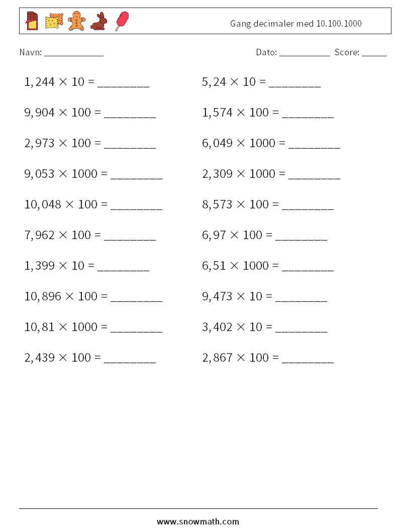 Gang decimaler med 10.100.1000 Matematiske regneark 13