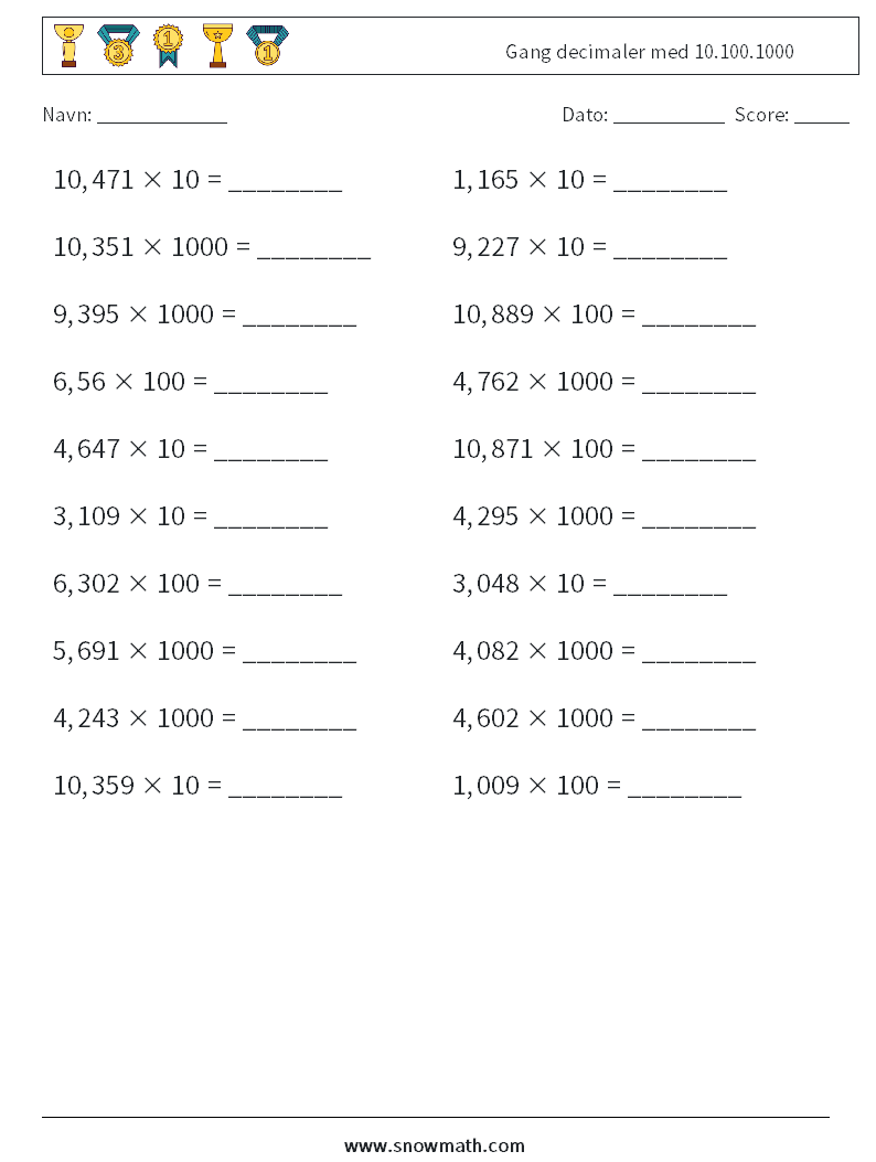 Gang decimaler med 10.100.1000 Matematiske regneark 14