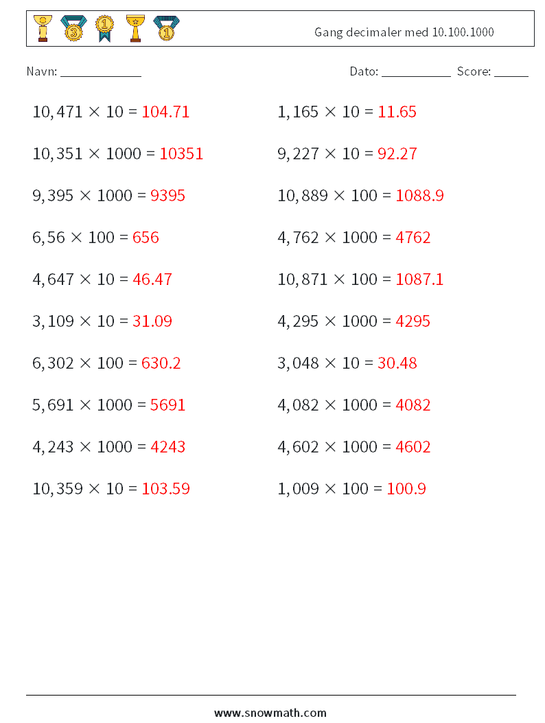 Gang decimaler med 10.100.1000 Matematiske regneark 14 Spørgsmål, svar