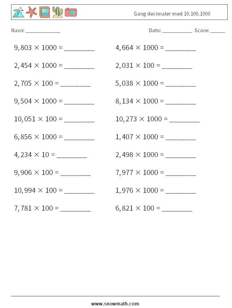 Gang decimaler med 10.100.1000 Matematiske regneark 15