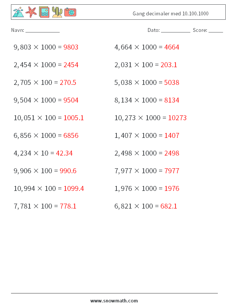 Gang decimaler med 10.100.1000 Matematiske regneark 15 Spørgsmål, svar