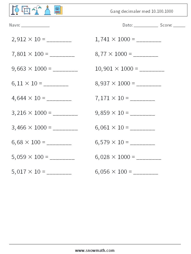Gang decimaler med 10.100.1000 Matematiske regneark 16