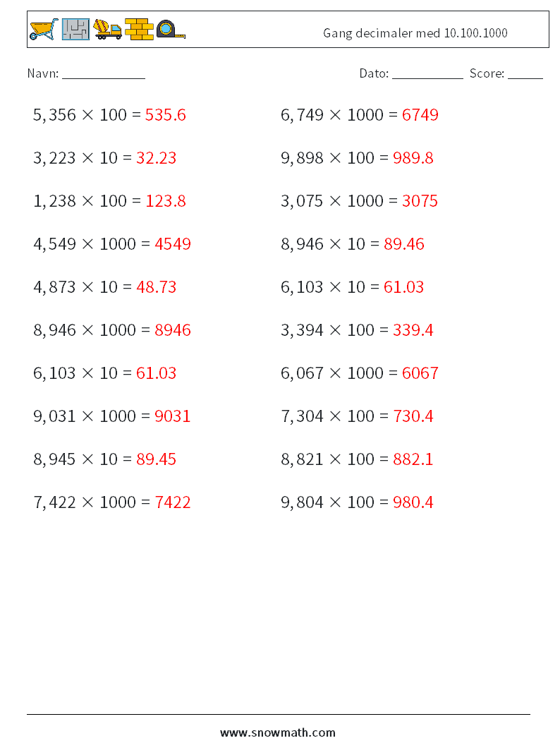 Gang decimaler med 10.100.1000 Matematiske regneark 17 Spørgsmål, svar