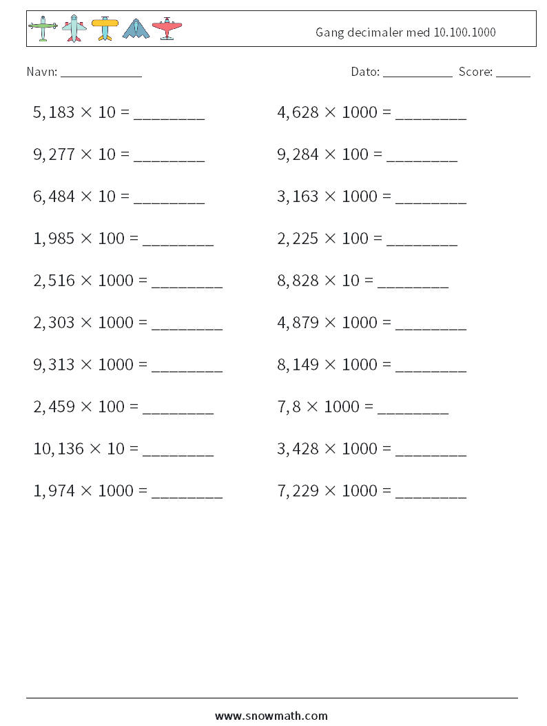 Gang decimaler med 10.100.1000 Matematiske regneark 18