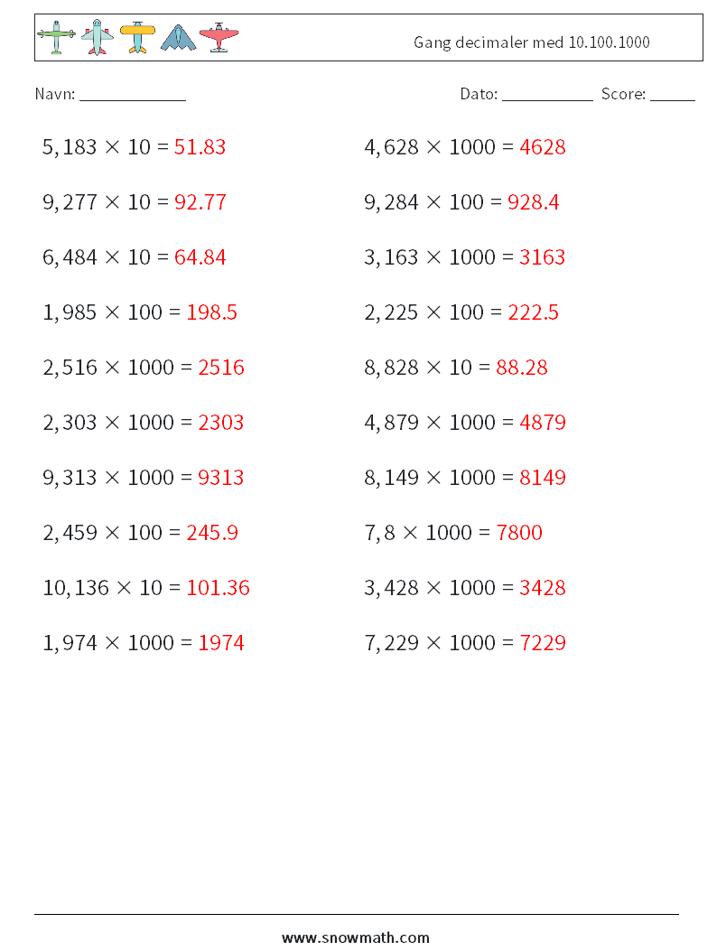 Gang decimaler med 10.100.1000 Matematiske regneark 18 Spørgsmål, svar