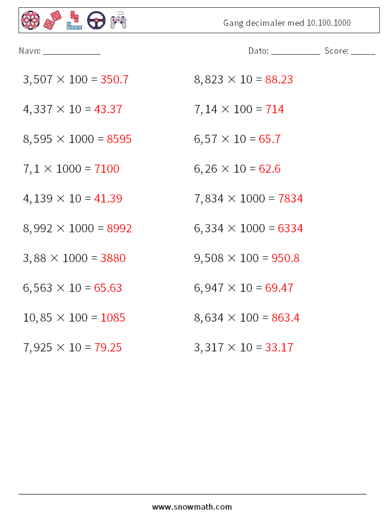 Gang decimaler med 10.100.1000 Matematiske regneark 1 Spørgsmål, svar