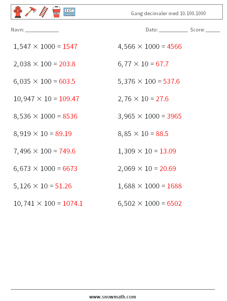 Gang decimaler med 10.100.1000 Matematiske regneark 2 Spørgsmål, svar