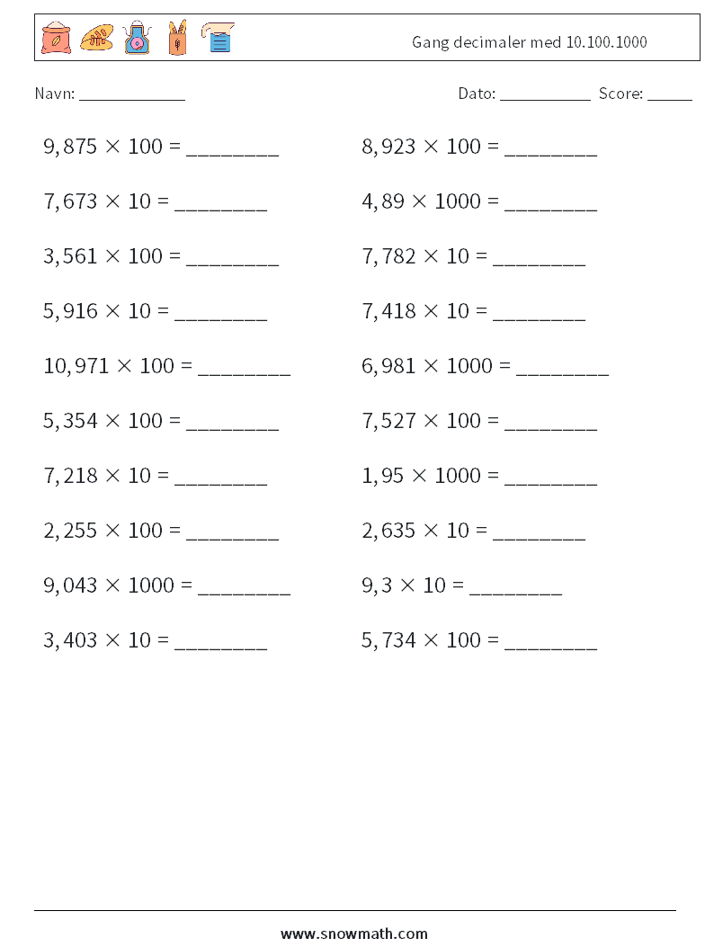 Gang decimaler med 10.100.1000 Matematiske regneark 3