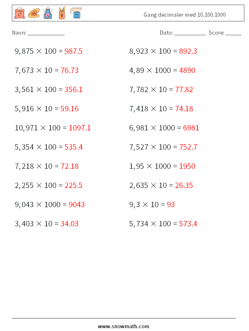 Gang decimaler med 10.100.1000 Matematiske regneark 3 Spørgsmål, svar