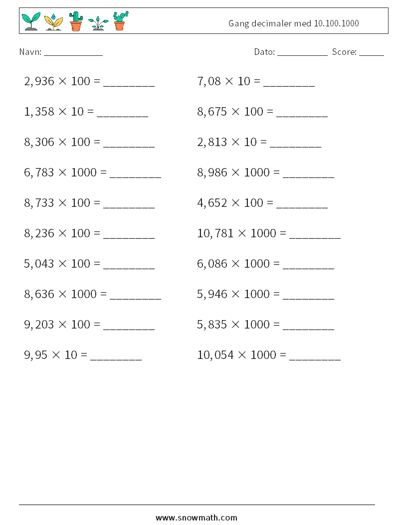 Gang decimaler med 10.100.1000 Matematiske regneark 4