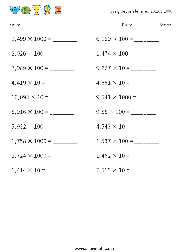 Gang decimaler med 10.100.1000 Matematiske regneark 5