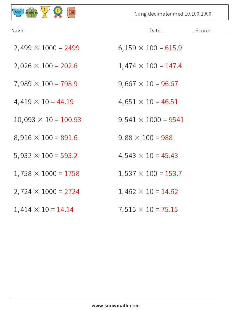 Gang decimaler med 10.100.1000 Matematiske regneark 5 Spørgsmål, svar