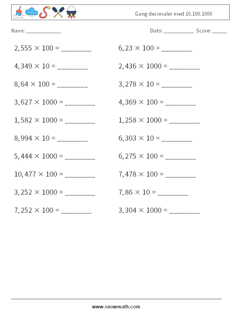 Gang decimaler med 10.100.1000 Matematiske regneark 6