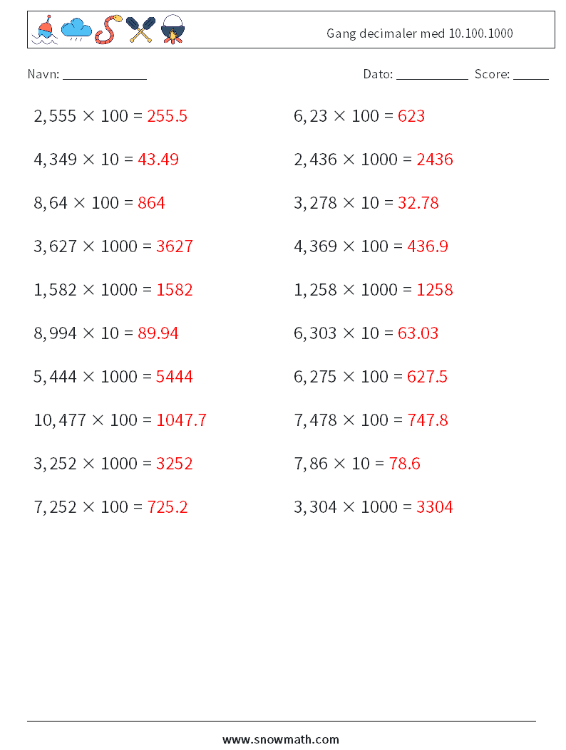 Gang decimaler med 10.100.1000 Matematiske regneark 6 Spørgsmål, svar