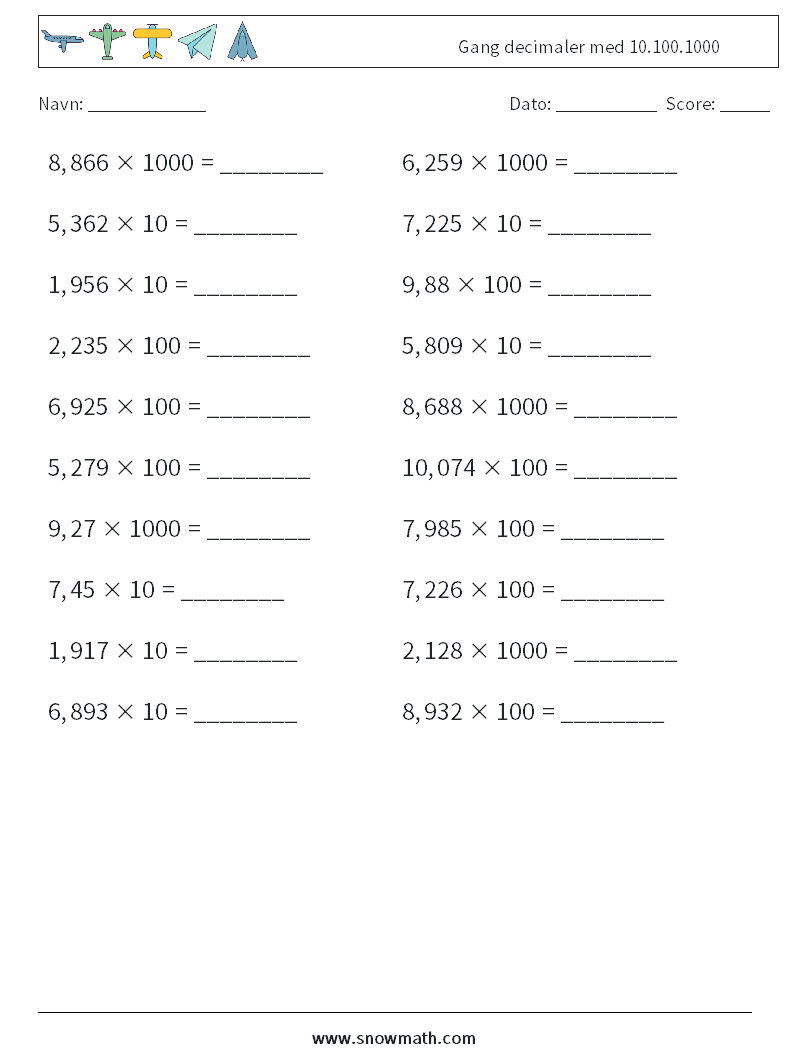 Gang decimaler med 10.100.1000 Matematiske regneark 7