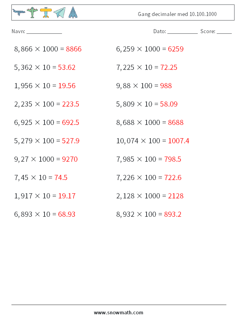 Gang decimaler med 10.100.1000 Matematiske regneark 7 Spørgsmål, svar