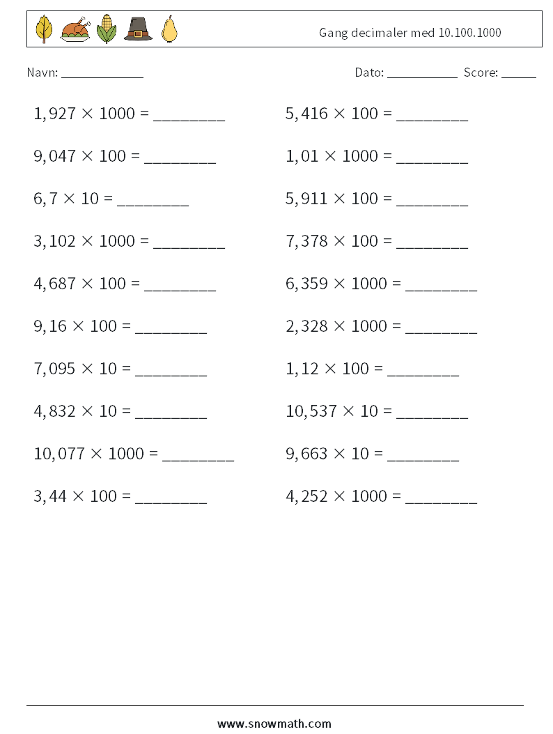 Gang decimaler med 10.100.1000 Matematiske regneark 8