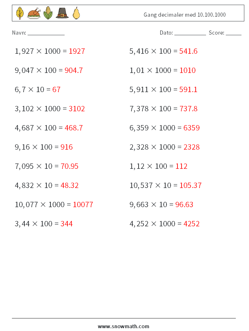Gang decimaler med 10.100.1000 Matematiske regneark 8 Spørgsmål, svar