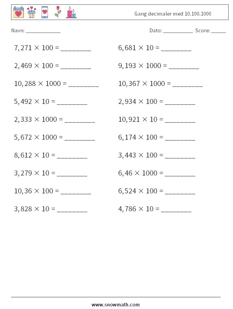 Gang decimaler med 10.100.1000 Matematiske regneark 9