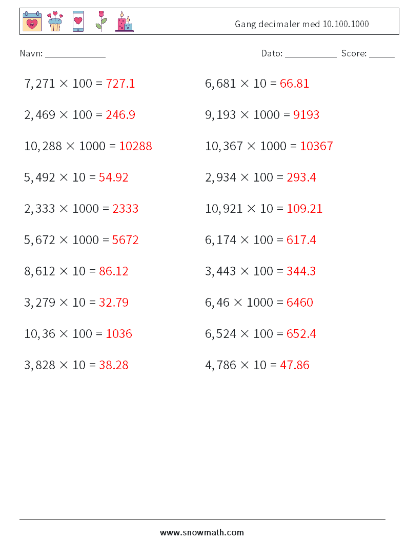 Gang decimaler med 10.100.1000 Matematiske regneark 9 Spørgsmål, svar