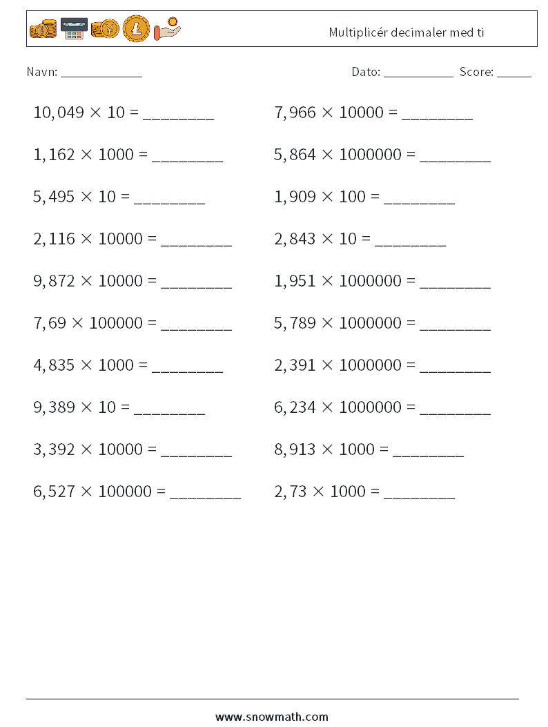 Multiplicér decimaler med ti Matematiske regneark 1