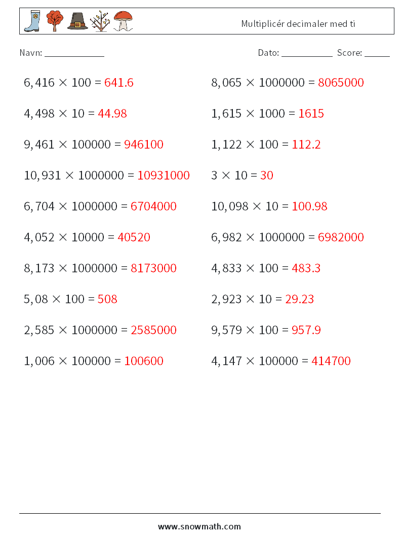 Multiplicér decimaler med ti Matematiske regneark 3 Spørgsmål, svar