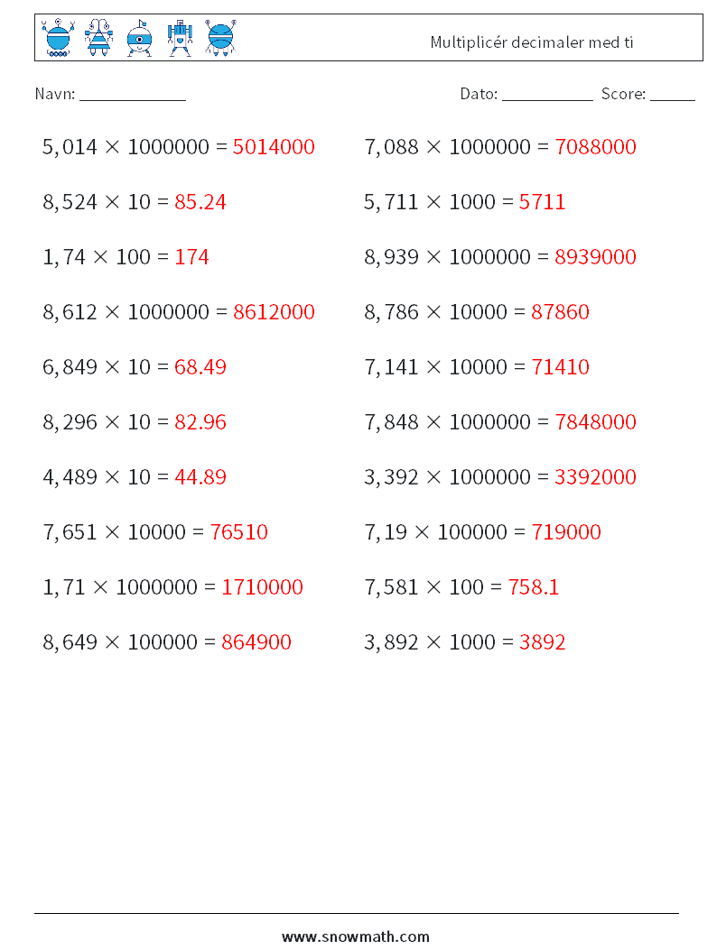 Multiplicér decimaler med ti Matematiske regneark 6 Spørgsmål, svar