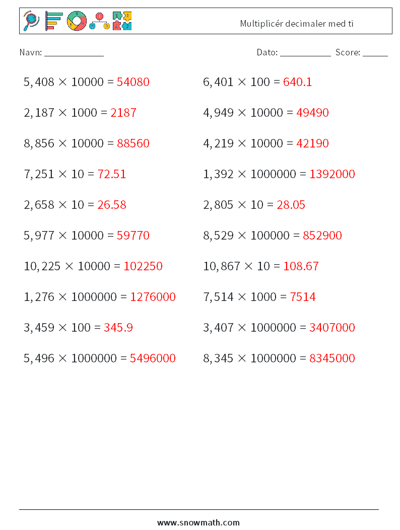 Multiplicér decimaler med ti Matematiske regneark 7 Spørgsmål, svar