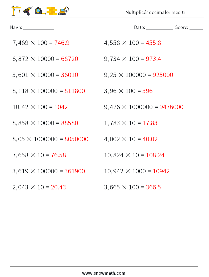 Multiplicér decimaler med ti Matematiske regneark 8 Spørgsmål, svar