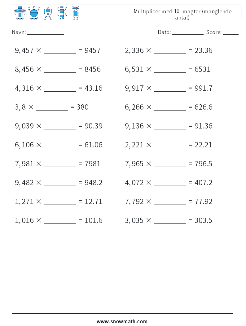 Multiplicer med 10 -magter (manglende antal) Matematiske regneark 1