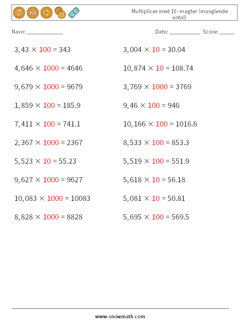 Multiplicer med 10 -magter (manglende antal) Matematiske regneark 11 Spørgsmål, svar