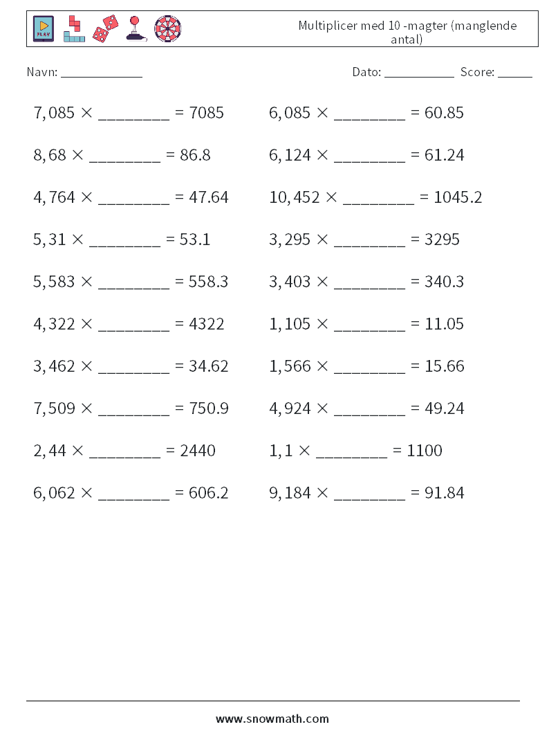 Multiplicer med 10 -magter (manglende antal) Matematiske regneark 14