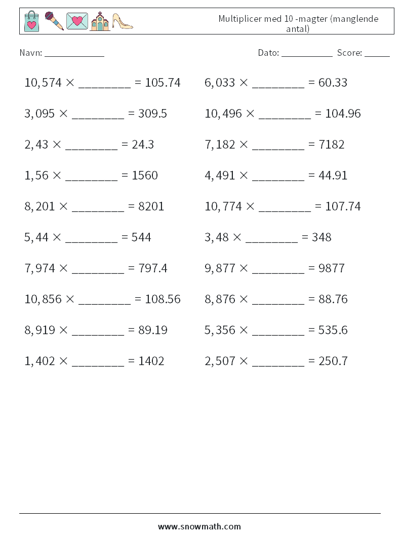 Multiplicer med 10 -magter (manglende antal) Matematiske regneark 15