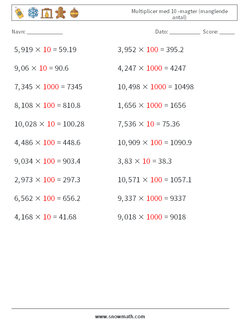 Multiplicer med 10 -magter (manglende antal) Matematiske regneark 18 Spørgsmål, svar