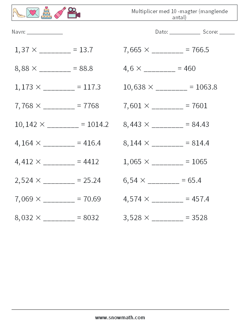 Multiplicer med 10 -magter (manglende antal) Matematiske regneark 2