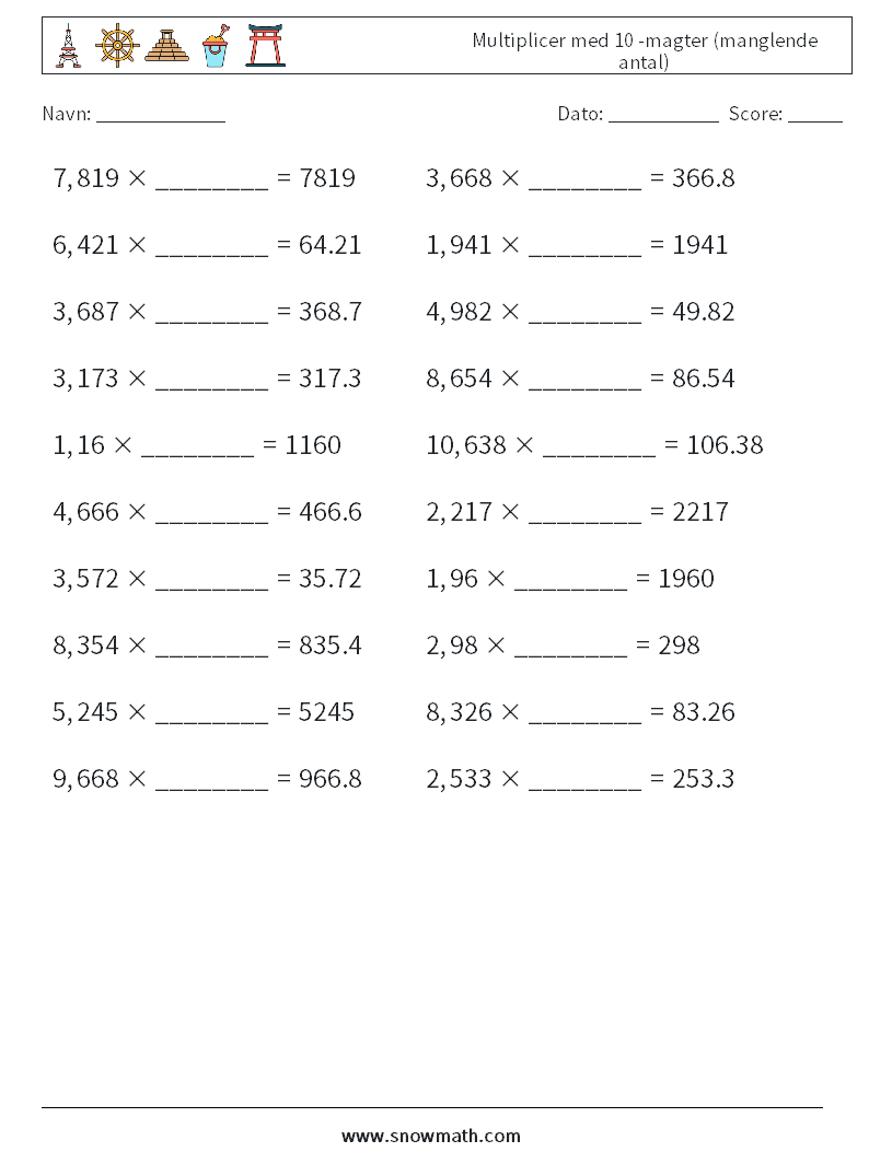 Multiplicer med 10 -magter (manglende antal) Matematiske regneark 3