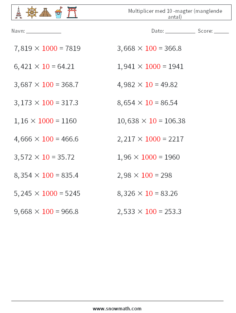 Multiplicer med 10 -magter (manglende antal) Matematiske regneark 3 Spørgsmål, svar