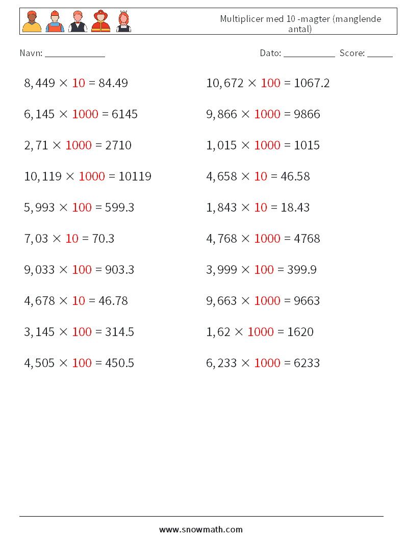 Multiplicer med 10 -magter (manglende antal) Matematiske regneark 5 Spørgsmål, svar