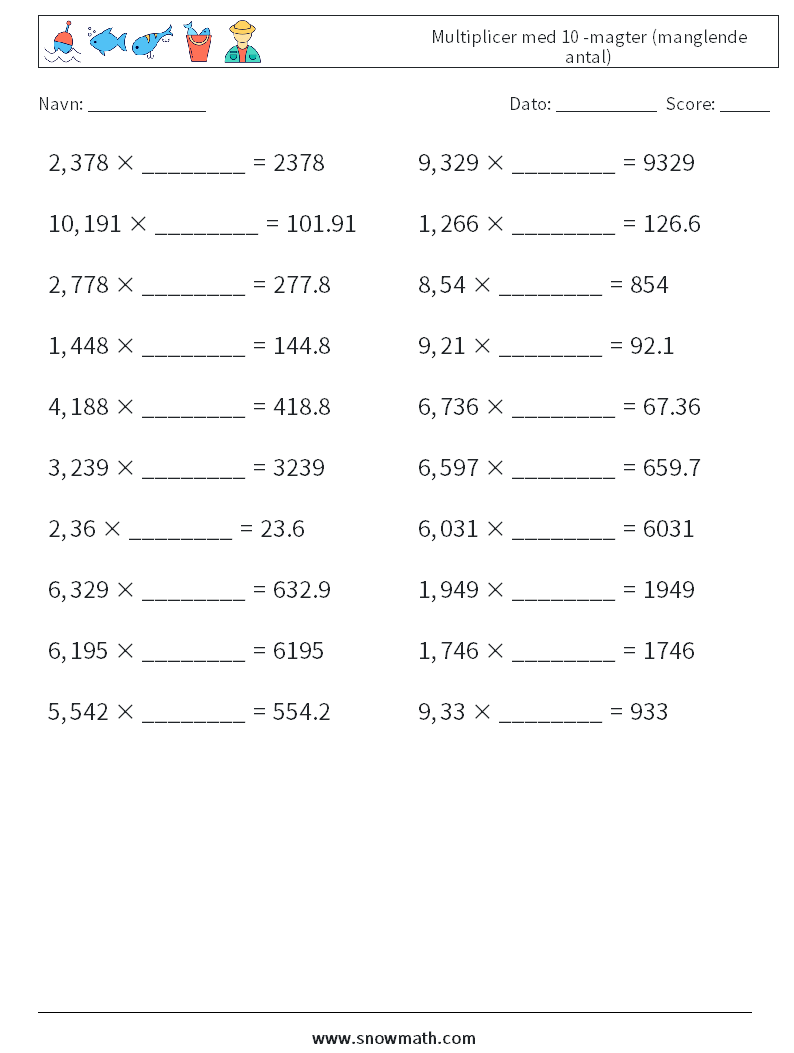 Multiplicer med 10 -magter (manglende antal) Matematiske regneark 6