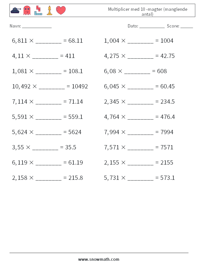 Multiplicer med 10 -magter (manglende antal) Matematiske regneark 7