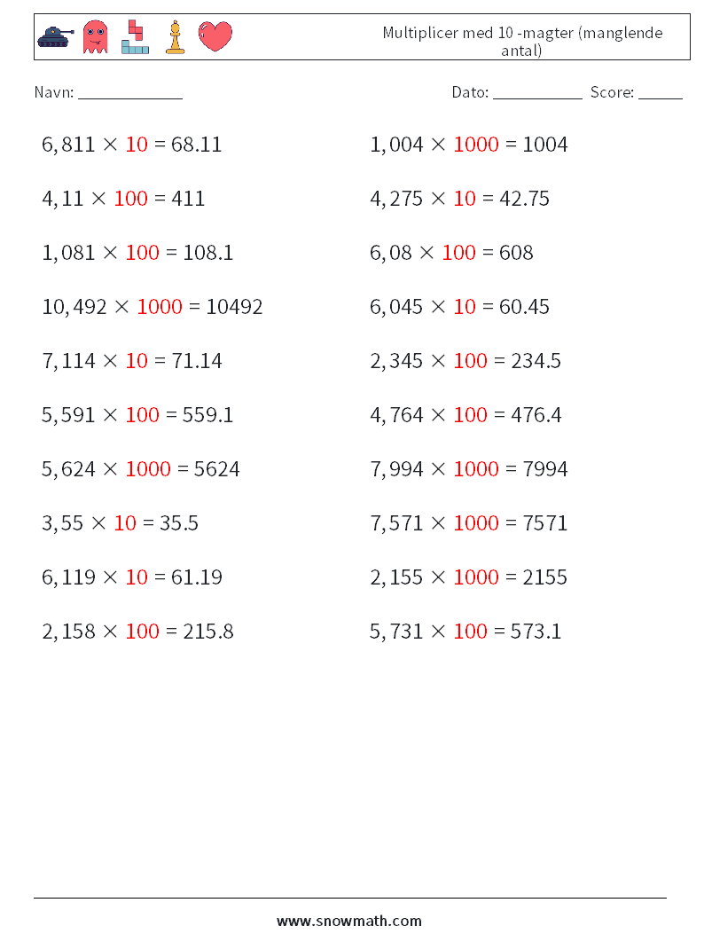 Multiplicer med 10 -magter (manglende antal) Matematiske regneark 7 Spørgsmål, svar