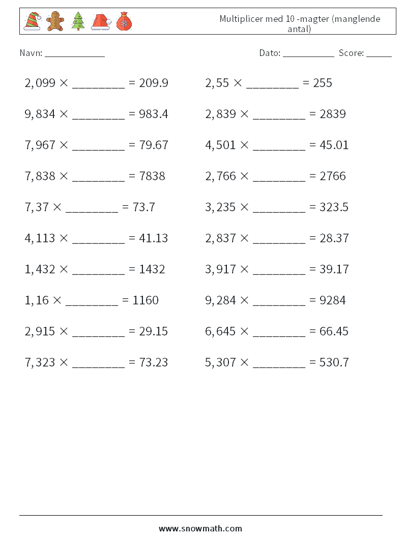 Multiplicer med 10 -magter (manglende antal) Matematiske regneark 8