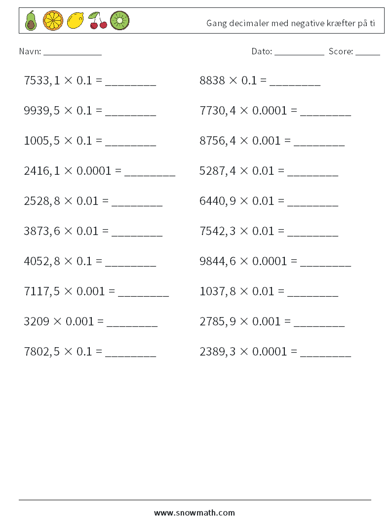 Gang decimaler med negative kræfter på ti