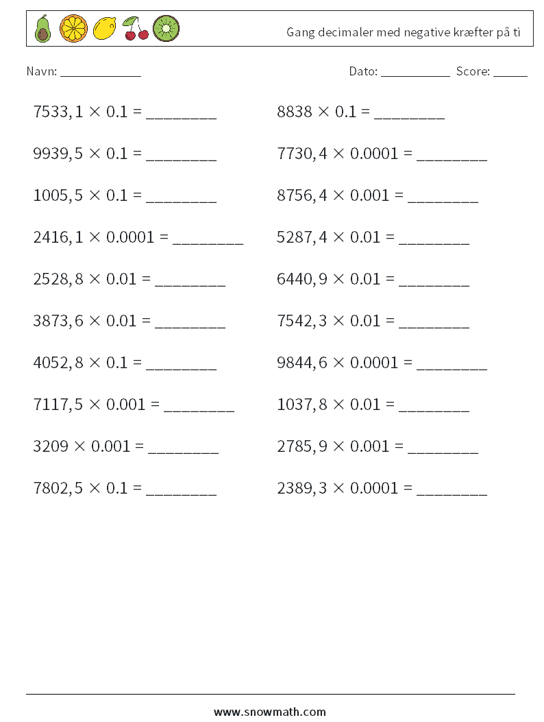 Gang decimaler med negative kræfter på ti Matematiske regneark 1