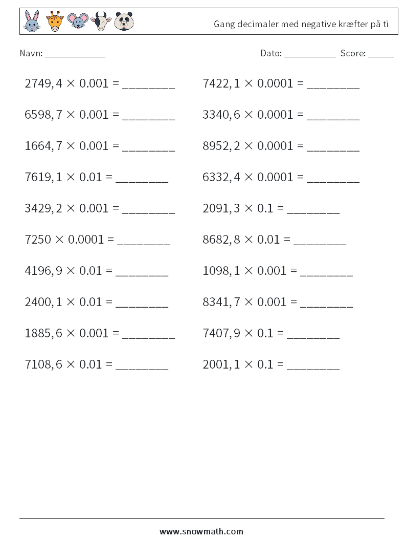 Gang decimaler med negative kræfter på ti Matematiske regneark 10