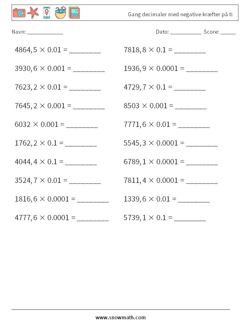 Gang decimaler med negative kræfter på ti Matematiske regneark 11