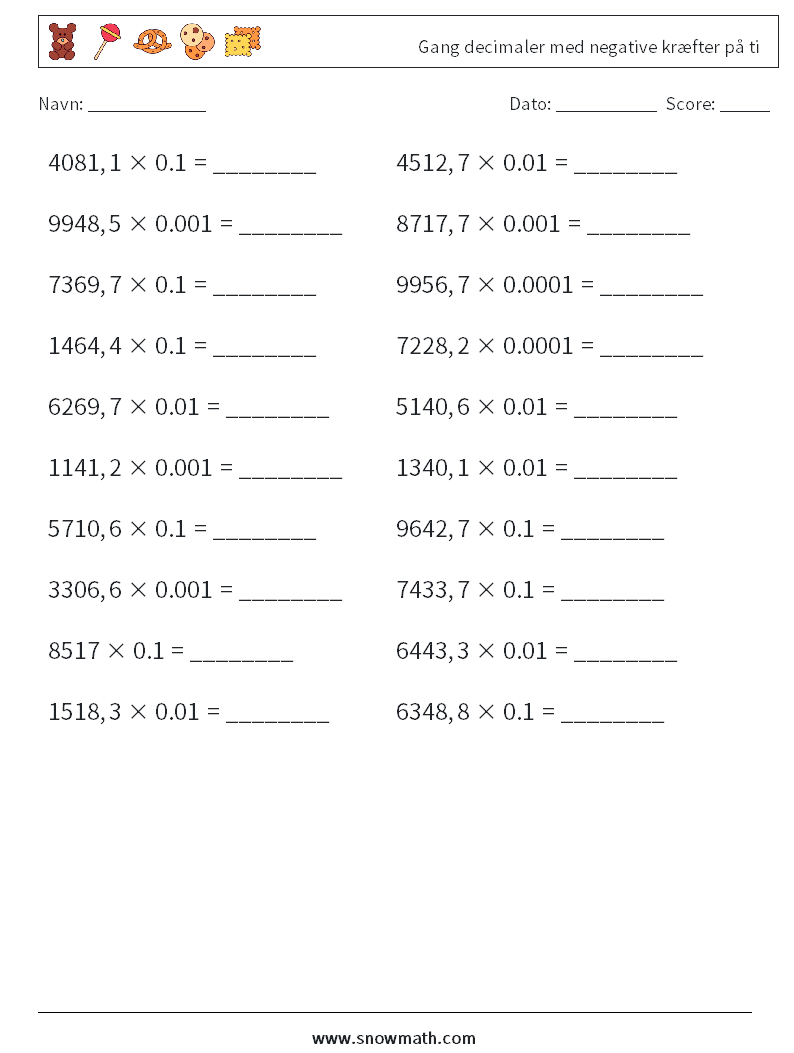 Gang decimaler med negative kræfter på ti Matematiske regneark 13