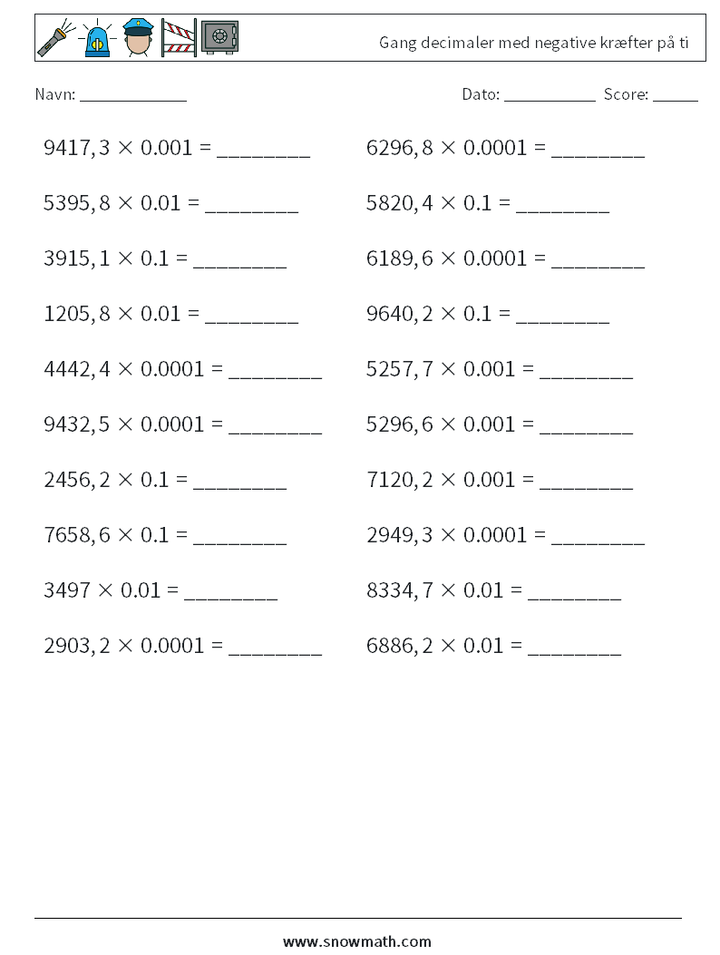 Gang decimaler med negative kræfter på ti Matematiske regneark 14