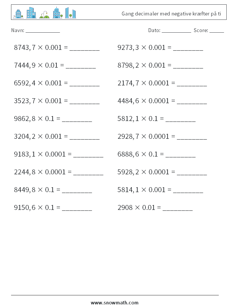 Gang decimaler med negative kræfter på ti Matematiske regneark 15