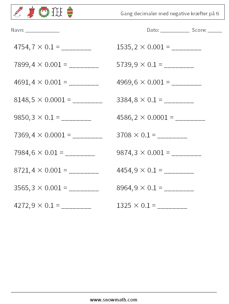 Gang decimaler med negative kræfter på ti Matematiske regneark 16